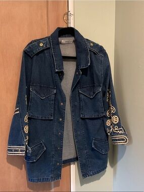 Mango Dark Blue Denim Jacket with Gold Embroidered Sleeves